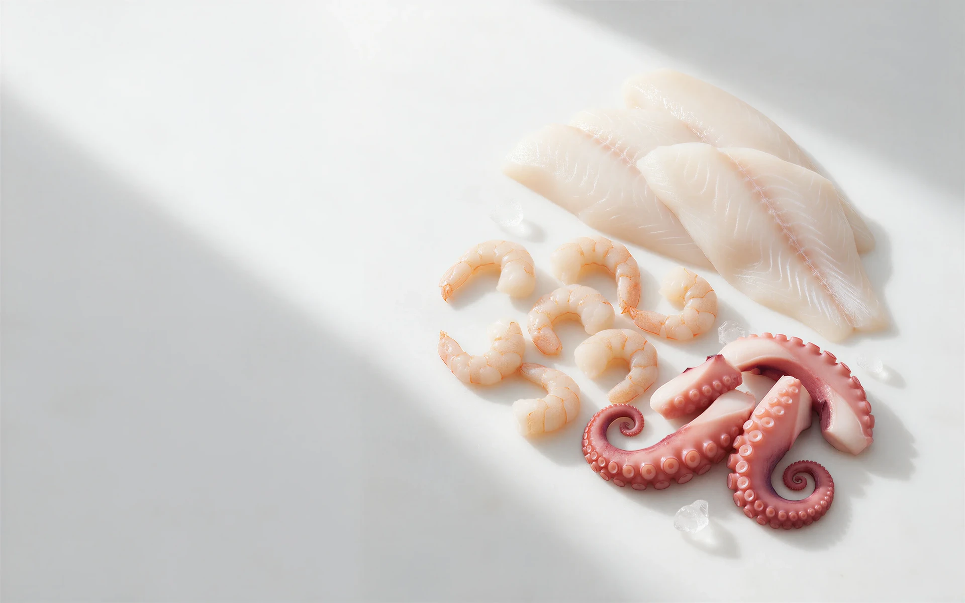 Camarões, peixes e frutos do mar selecionados da Lili Pescados